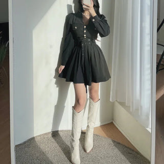 Gold Button Trench Pleated Dress Jacket