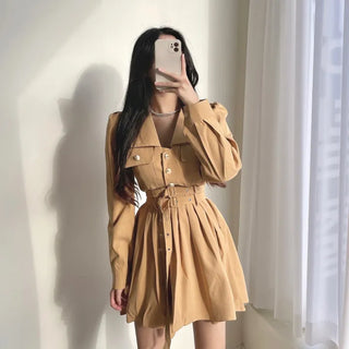 Gold Button Trench Pleated Dress Jacket
