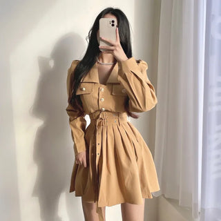 Gold Button Trench Pleated Dress Jacket