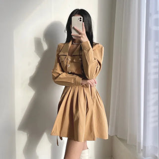 Gold Button Trench Pleated Dress Jacket