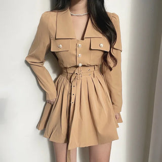 Gold Button Trench Pleated Dress Jacket