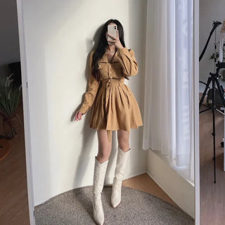 Gold Button Trench Pleated Dress Jacket