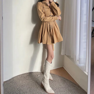 Gold Button Trench Pleated Dress Jacket
