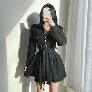 Gold Button Trench Pleated Dress Jacket