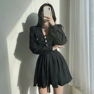 Gold Button Trench Pleated Dress Jacket