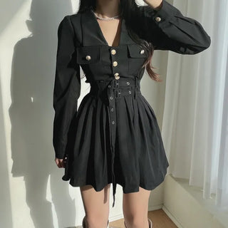 Gold Button Trench Pleated Dress Jacket