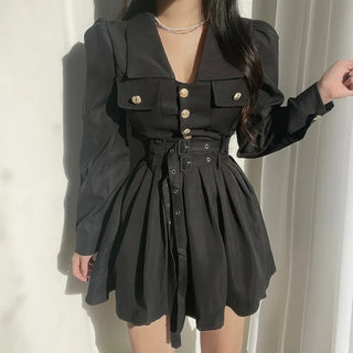 Gold Button Trench Pleated Dress Jacket