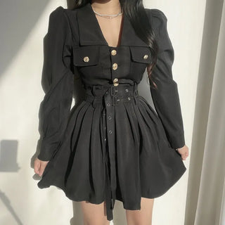 Gold Button Trench Pleated Dress Jacket