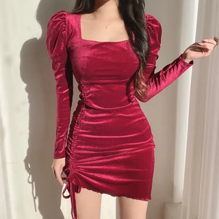 Puff Shirred Long Sleeve Velvet Dress