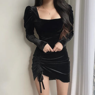 Puff Shirred Long Sleeve Velvet Dress