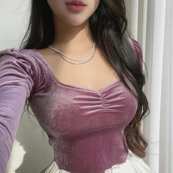 Jennie Heart Velvet Long Sleeve Crop T-shirt