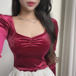 Jennie Heart Velvet Long Sleeve Crop T-shirt