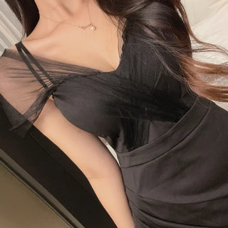 Goddess Off-Shoulder Twisted Mesh Shirred Tulip Dress