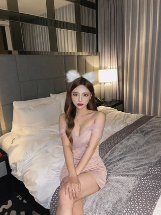 Goddess Off-Shoulder Twisted Mesh Shirred Tulip Dress