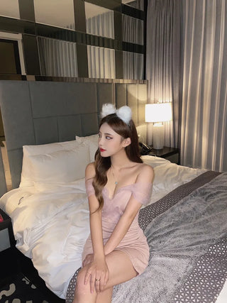 Goddess Off-Shoulder Twisted Mesh Shirred Tulip Dress