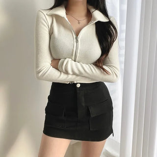 Stretch Pocket Micro Mini Low-Rise Hip Skirt