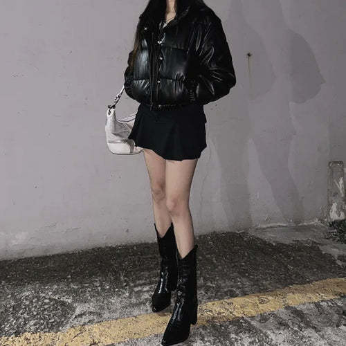Crop Leather Short Padding Faux Padded Jumper y2k