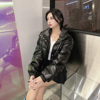 Crop Leather Short Padding Faux Padded Jumper y2k