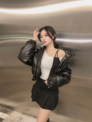 Crop Leather Short Padding Faux Padded Jumper y2k