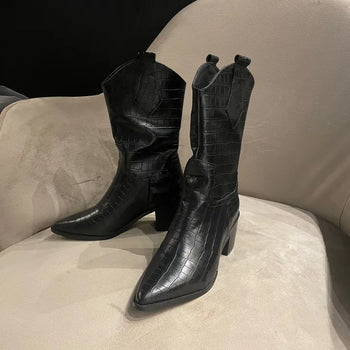 Crack Wanie Simple Western Middle Boots Faux Leather