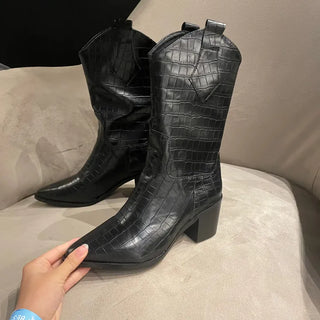 Crack Wanie Simple Western Middle Boots Faux Leather
