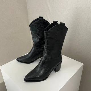 Crack Wanie Simple Western Middle Boots Faux Leather