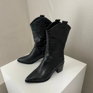 Crack Wanie Simple Western Middle Boots Faux Leather