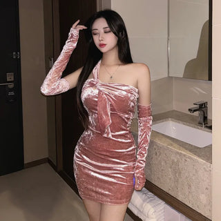 Warmer One-Shoulder Twisted Velvet Party Look Dress Top
