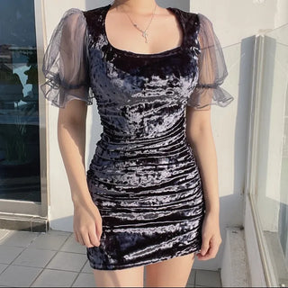 Lua Velvet Short Sleeve Mesh Shirred Party Dress