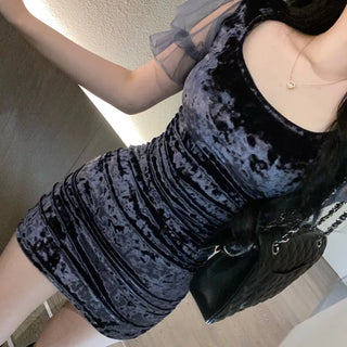Lua Velvet Short Sleeve Mesh Shirred Party Dress