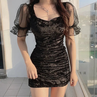 Lua Velvet Short Sleeve Mesh Shirred Party Dress
