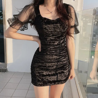 Lua Velvet Short Sleeve Mesh Shirred Party Dress