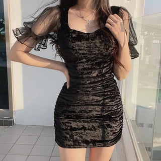 Lua Velvet Short Sleeve Mesh Shirred Party Dress