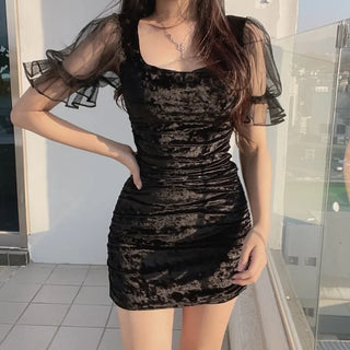 Lua Velvet Short Sleeve Mesh Shirred Party Dress