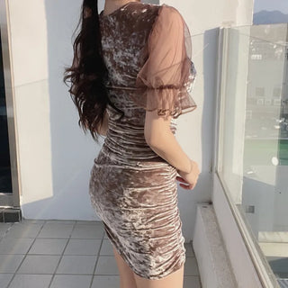 Lua Velvet Short Sleeve Mesh Shirred Party Dress