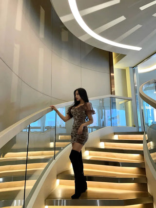 Lua Velvet Short Sleeve Mesh Shirred Party Dress