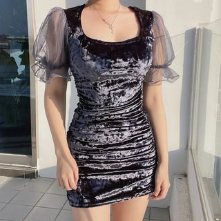 Lua Velvet Short Sleeve Mesh Shirred Party Dress