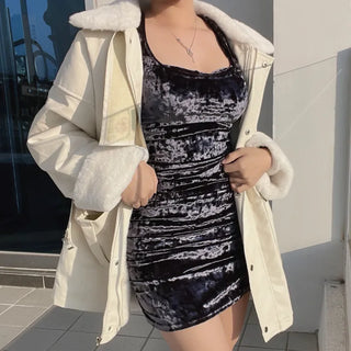 Lua Velvet Short Sleeve Mesh Shirred Party Dress