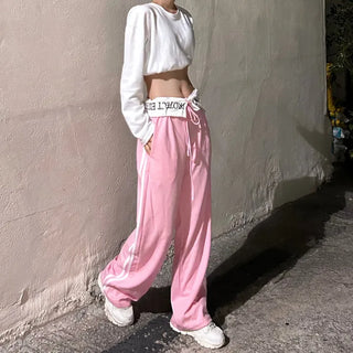 Hip Lettering Elastic Waist Low-Rise Contrast Two-Stripe Wide