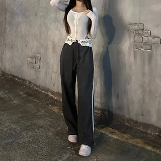 Hip Lettering Elastic Waist Low-Rise Contrast Two-Stripe Wide