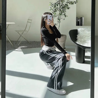 Hip Lettering Elastic Waist Low-Rise Contrast Two-Stripe Wide