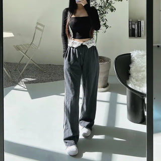 Hip Lettering Elastic Waist Low-Rise Contrast Two-Stripe Wide