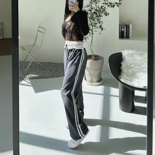 Hip Lettering Elastic Waist Low-Rise Contrast Two-Stripe Wide