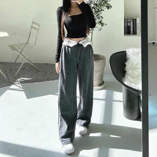 Hip Lettering Elastic Waist Low-Rise Contrast Two-Stripe Wide