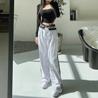 Hip Lettering Elastic Waist Low-Rise Contrast Two-Stripe Wide