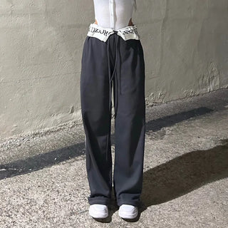Hip Lettering Elastic Waist Low-Rise Contrast Two-Stripe Wide