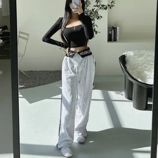 Hip Lettering Elastic Waist Low-Rise Contrast Two-Stripe Wide