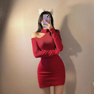 Choker One-Shoulder Halter Asymmetrical Mini Dress Club Look