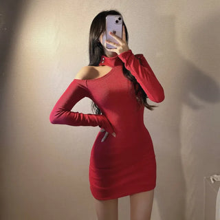 Choker One-Shoulder Halter Asymmetrical Mini Dress Club Look