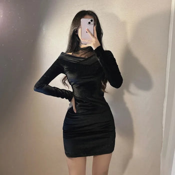 Velvet Mesh Layered Off-Shoulder Dress V-neck Unique